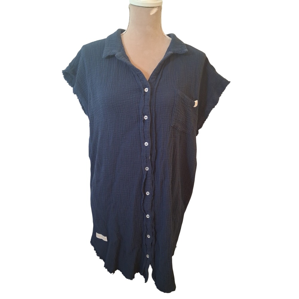 Simply Southern Blue Gauze Cotton Button Down Shirt Womens Medium Oversized
